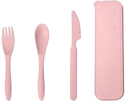 Herbruikbare bestekset met opbergdoos, draagbaar reisbestek, milieuvriendelijke bestekset, 3-delig, geschikt voor picknicks en kamperen in de buitenlucht, roze.