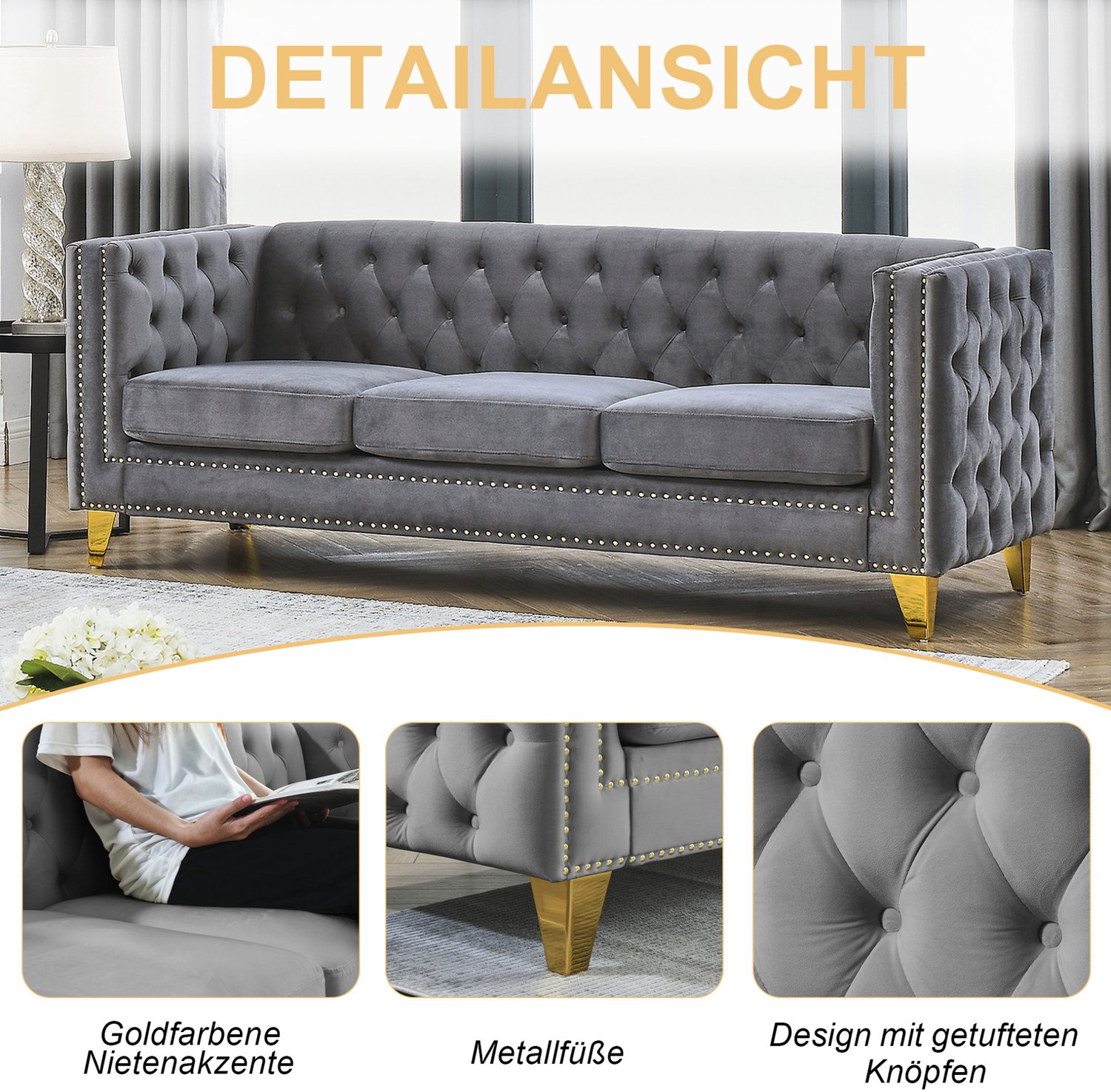 MODENUIT Chesterfield Bank - 2-Zits - Gecapitonneerd Met Siernagels - Woonkamer - Fluweel - Grijs