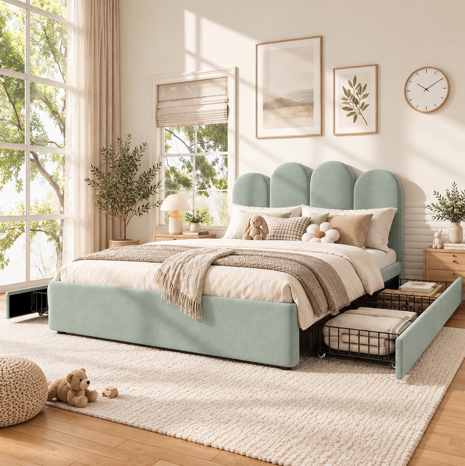 Wishdor Tweepersoonsbed 140x200 cm - Vier opbergladen aan beide zijden - Gestoffeerd bed met gewelfd fluwelen hoofdbord en lattenbodem - Modern laag ontwerp - Slaapkamer - Lichtgroen