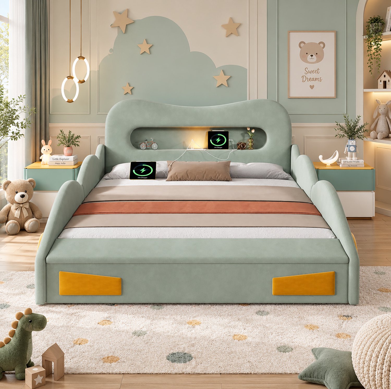 Wishdor Kinderbed 140x200 cm - Autobed met zachte fluwelen bekleding - Leeslamp en oplaadaansluiting aan hoofdeinde - Opbergruimte aan voeteneind - Kinderkamer - Groen