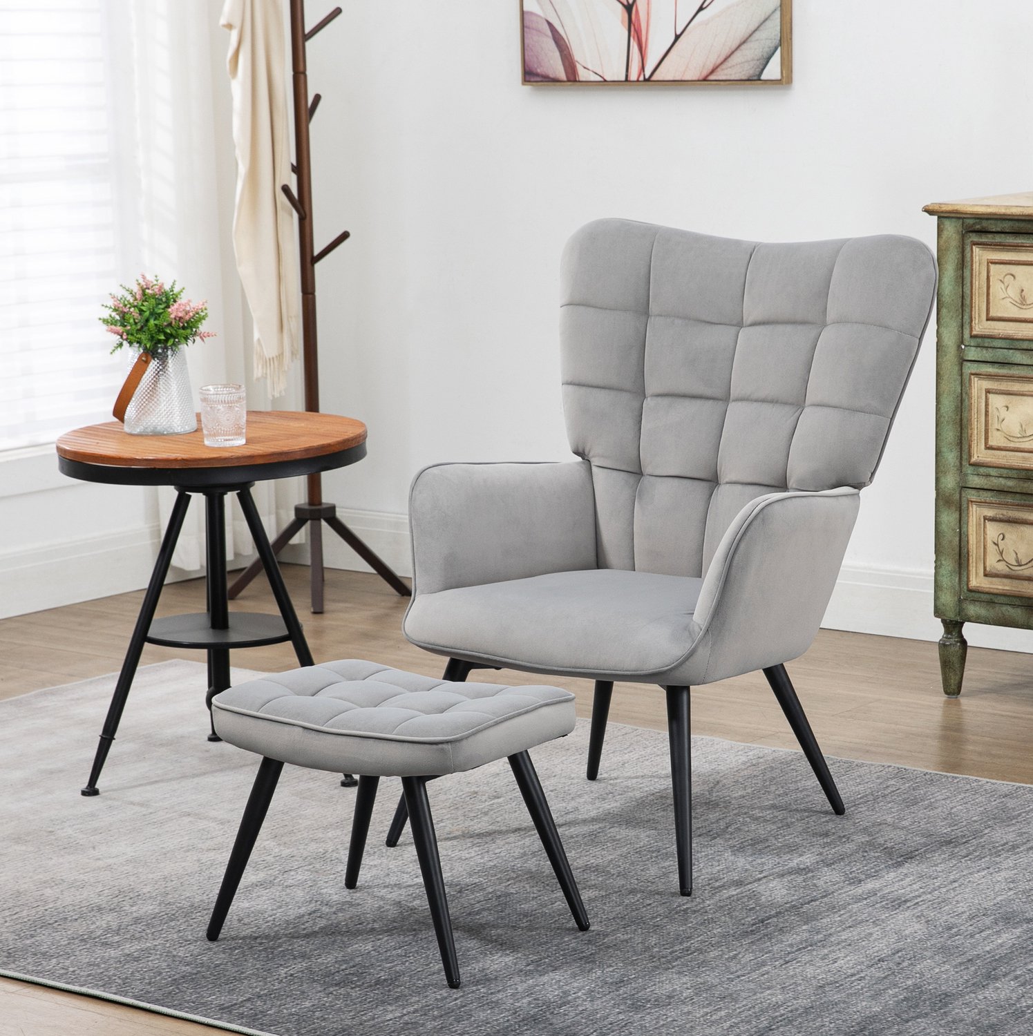DESMIU Fauteuil Met Hocker 73 x 77,5 x 98 cm - Hoge Rugleuning en Armleuningen - Voor Woonkamer en Kantoor - Fluweelachtige Stof - Lichtgrijs