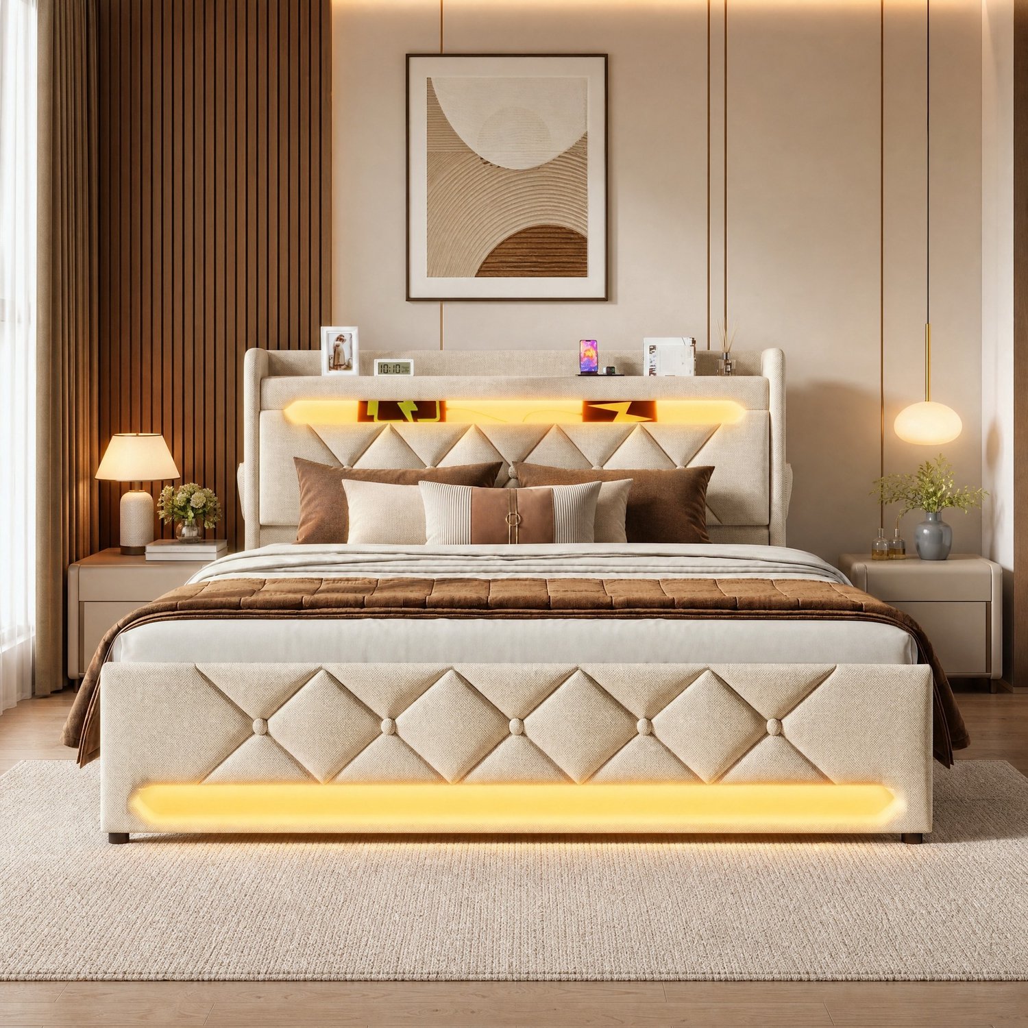 Maisentiel Tweepersoonsbed 140 x 200 cm beige met opbergruimte, ledverlichting en oplaadpunten