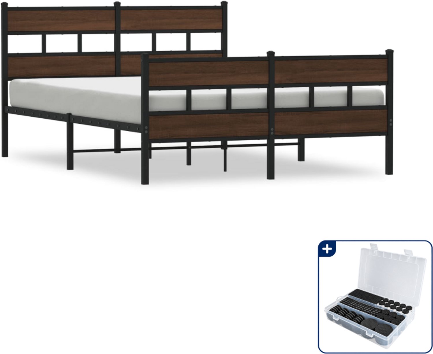 vidaXL bedframe met hoofdbord - 140 x 190 cm - staal en hout - bruin - Inclusief antikrasvilt 177-delig