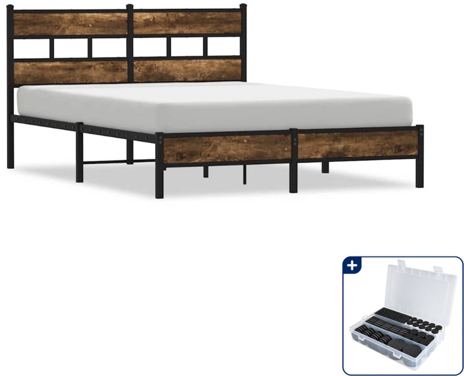 vidaXL Bedframe - 137 x 190 cm - staal en bewerkt hout - gerookt eiken - Inclusief antikrasvilt 177-delig Bruin