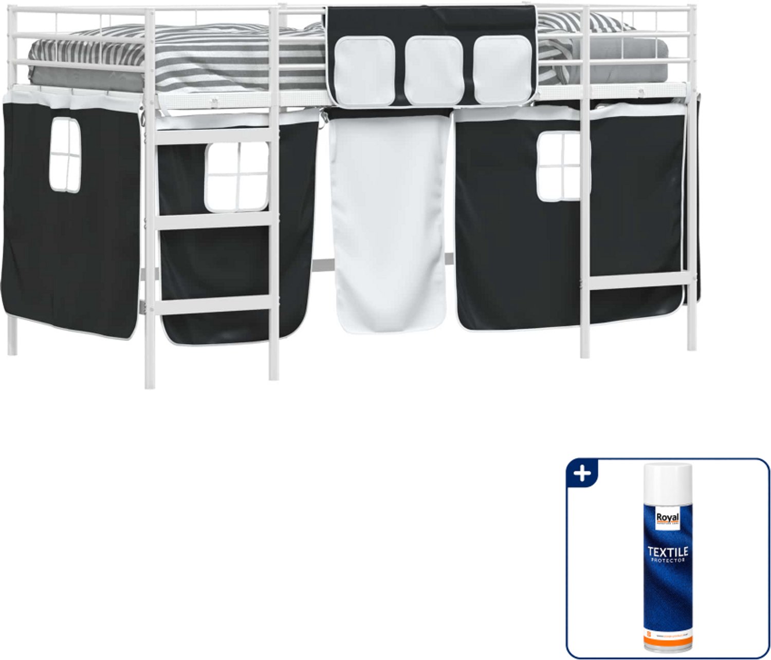vidaXL kinderhoogslaper met gordijnen - 100 x 200 cm - wit en zwart - Inclusief textielbeschermer 500 ml