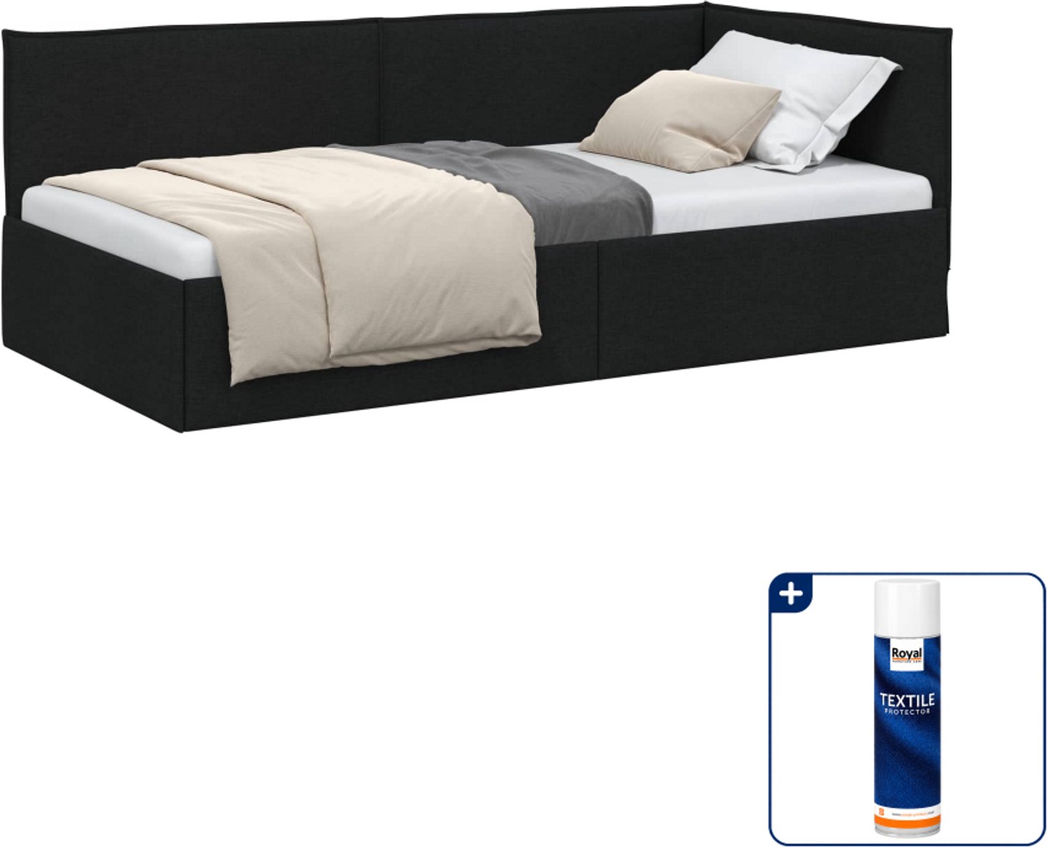vidaXL hoekbedframe - 90 x 200 cm - stof - zwart - Inclusief textielbeschermer 500 ml