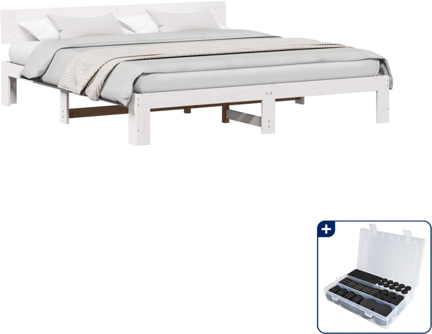 vidaXL bedframe met hoofdeinde - 200 x 200 cm - massief grenenhout - wit - Inclusief antikrasvilt 177-delig