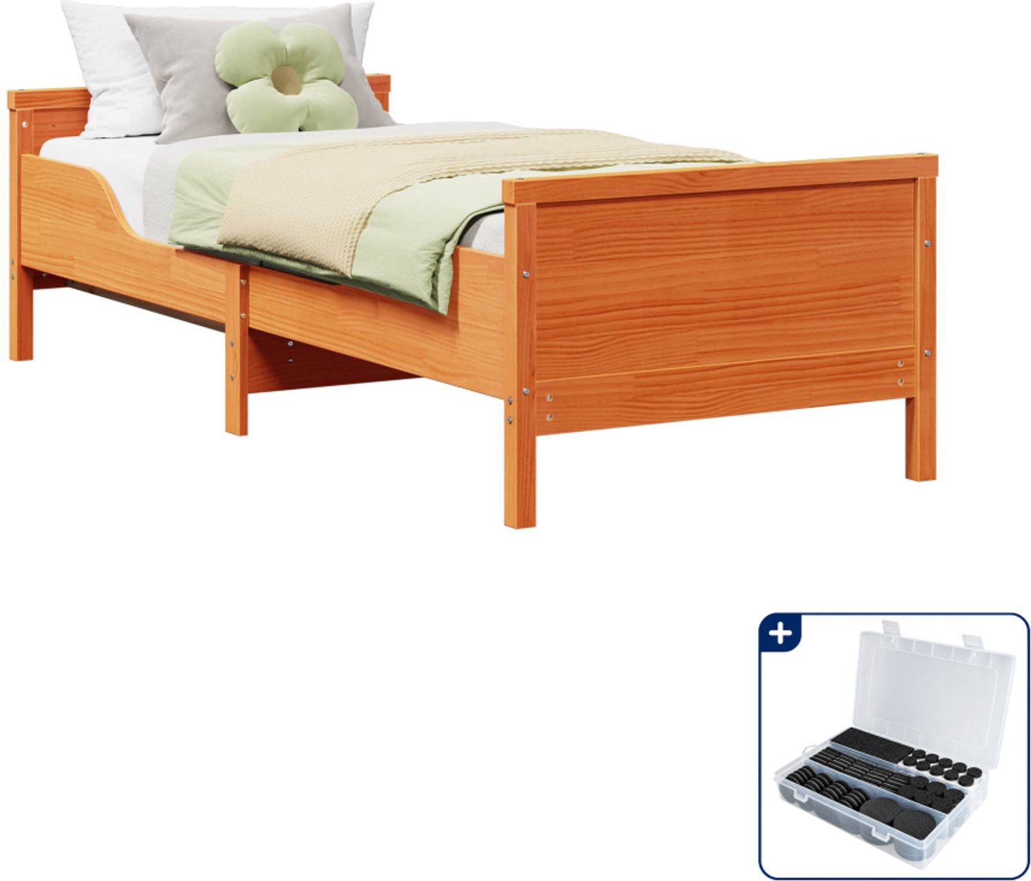 vidaXL bedframe met hoofdeinde - 80 x 200 cm - massief grenenhout - wasbruin - Inclusief antikrasvilt 177-delig
