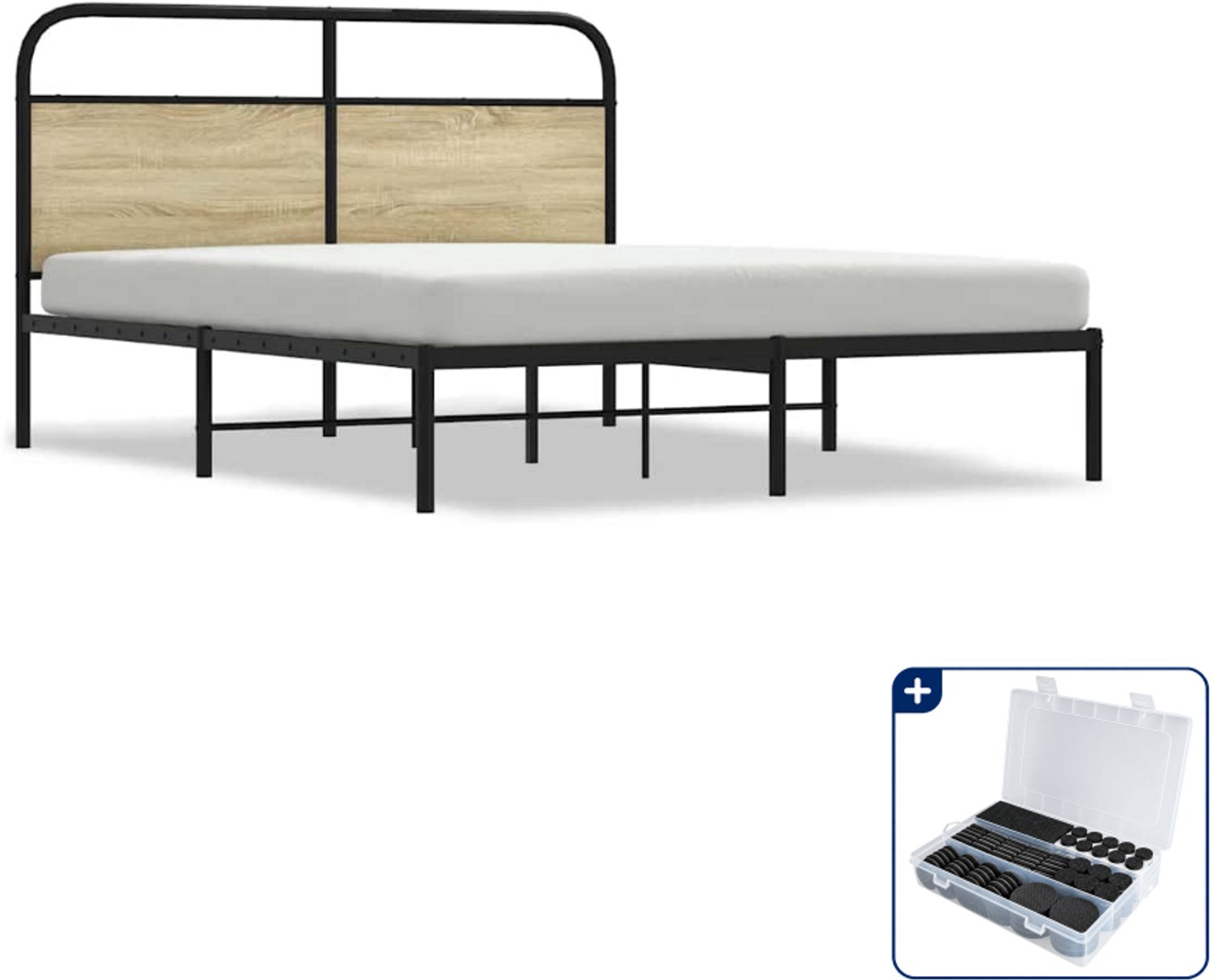 vidaXL bedframe - 150 x 200 cm - staal en bewerkt hout - sonoma eiken - Inclusief antikrasvilt 177-delig Bruin