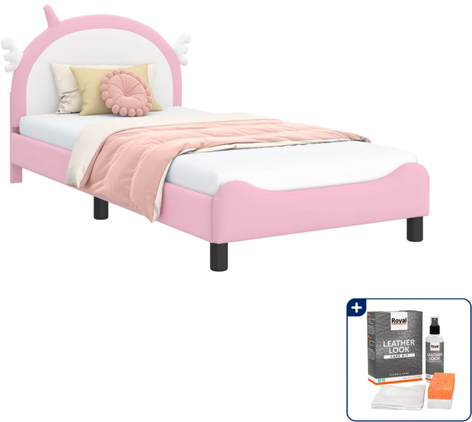vidaXL kinderbedframe - 80 x 200 cm - bewerkt hout - roze - Inclusief onderhoudsset voor kunstleer 150 ml