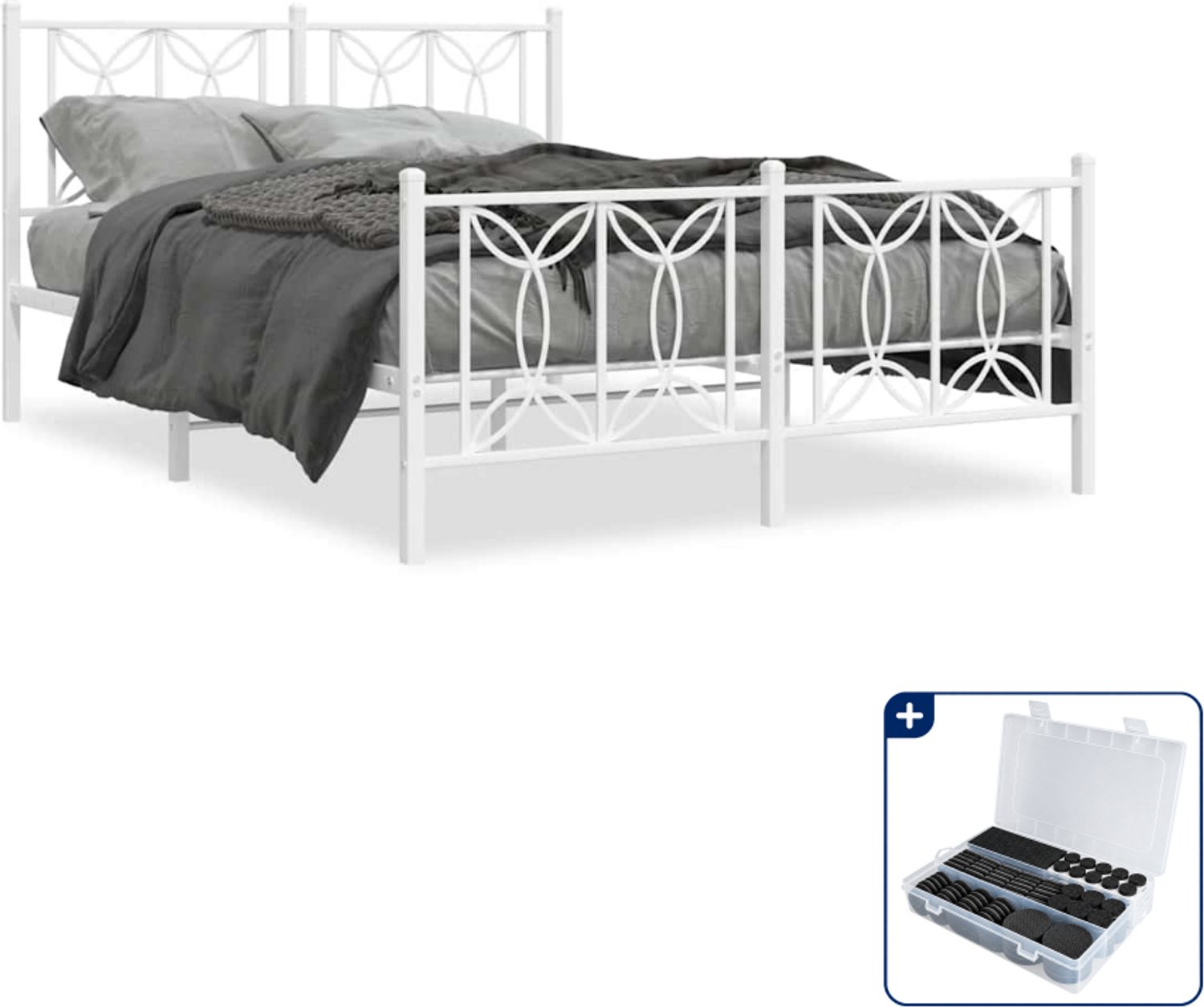 vidaXL bedframe - 135 x 190 cm - staal - wit - Inclusief antikrasvilt 177-delig