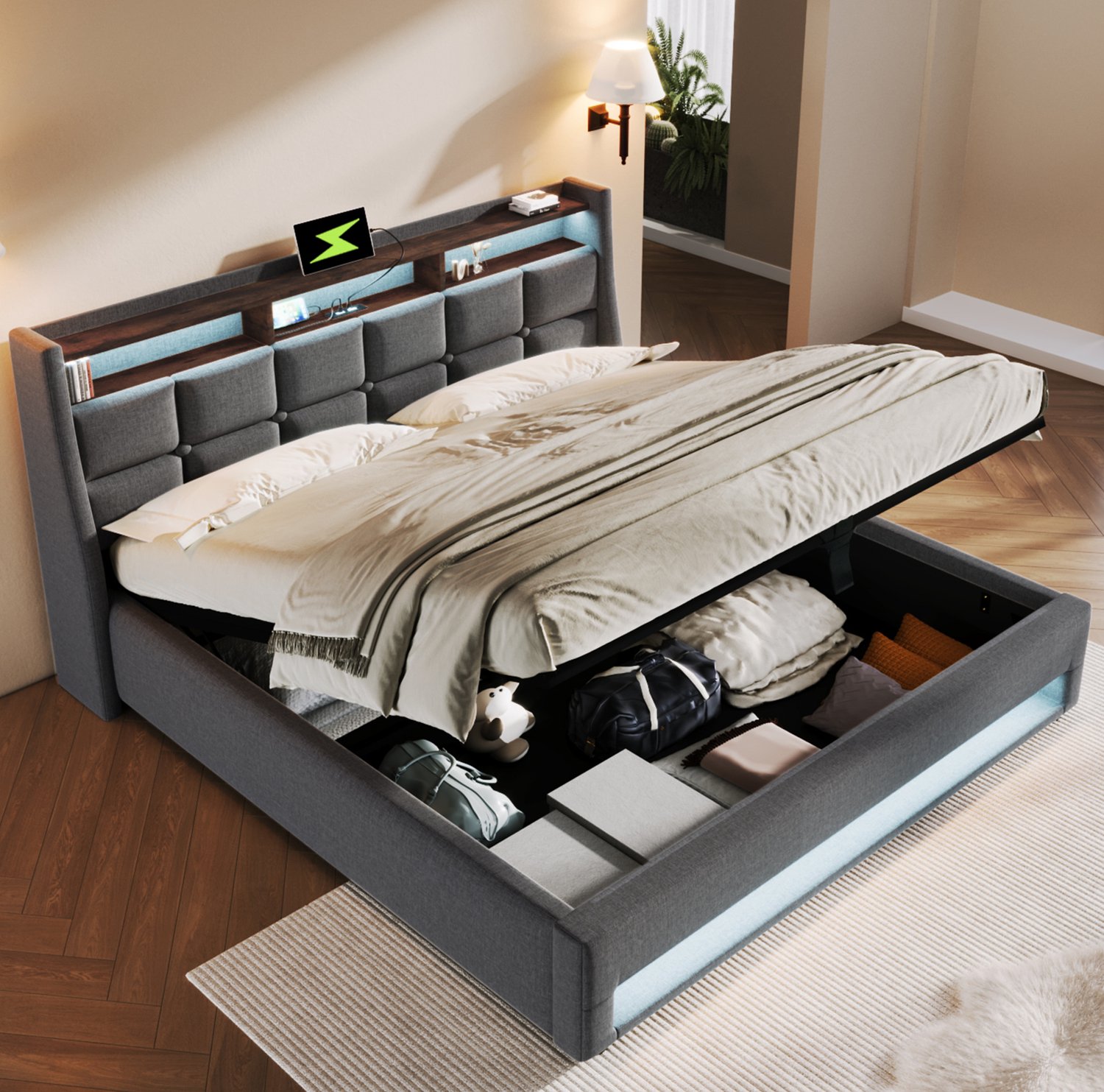 Maisentiel Gestoffeerd bed 140 x 200 cm - grijs - LED, USB en opbergruimte