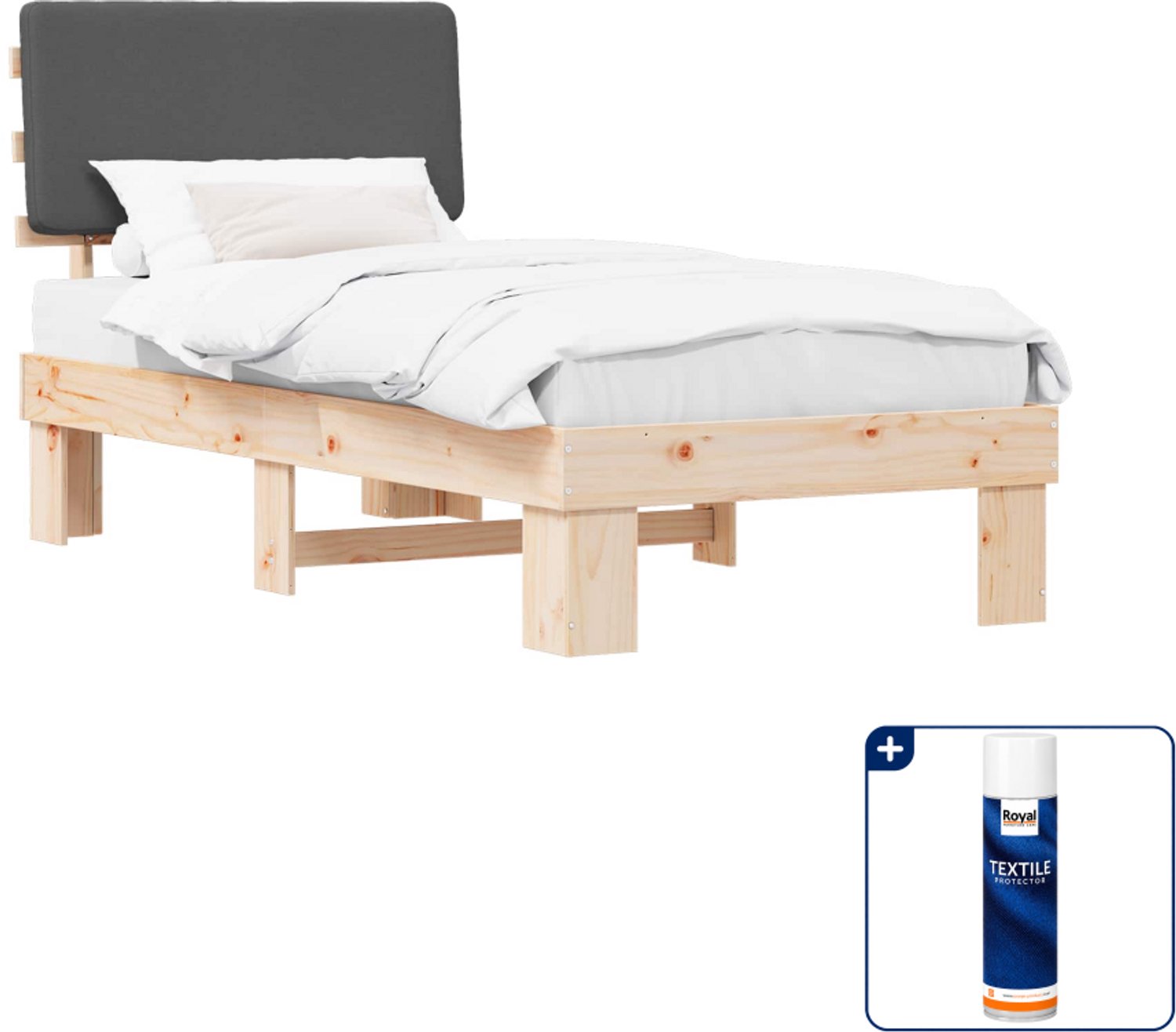 vidaXL bedframe - 100 x 200 cm - massief grenenhout - donkergrijs - Inclusief textielbeschermer 500 ml