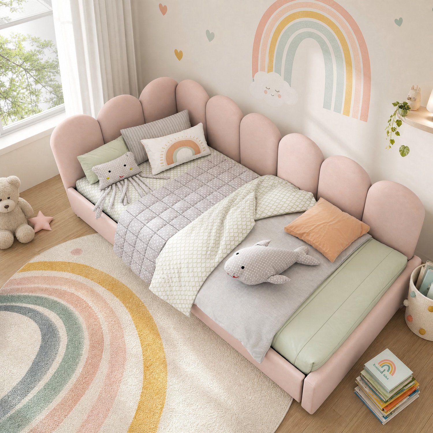 Maisentiel Roze eenpersoonsbed 90 x 190 cm met 2 lades en lattenbodem - fluwelen bekleding