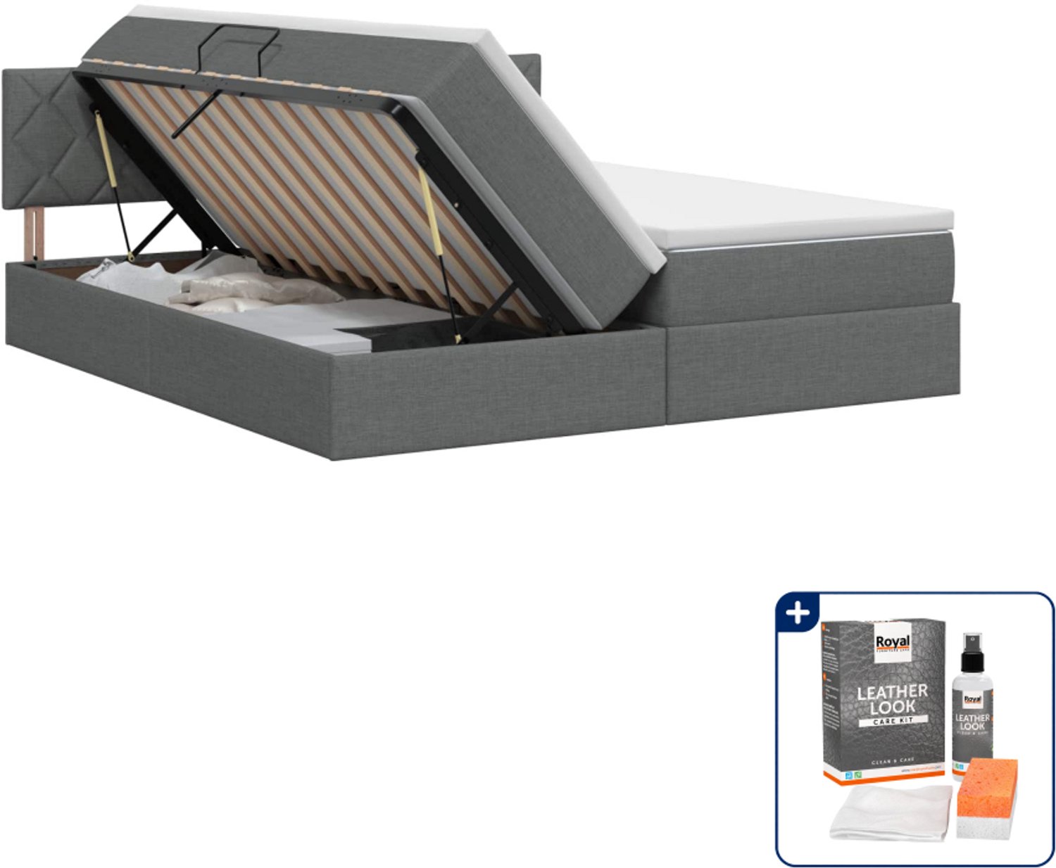 vidaXL Kingsize opbergbed met matras 2 st - 180 x 200 cm - donkergrijs - Inclusief onderhoudsset voor kunstleer 150 ml Donker Grijn