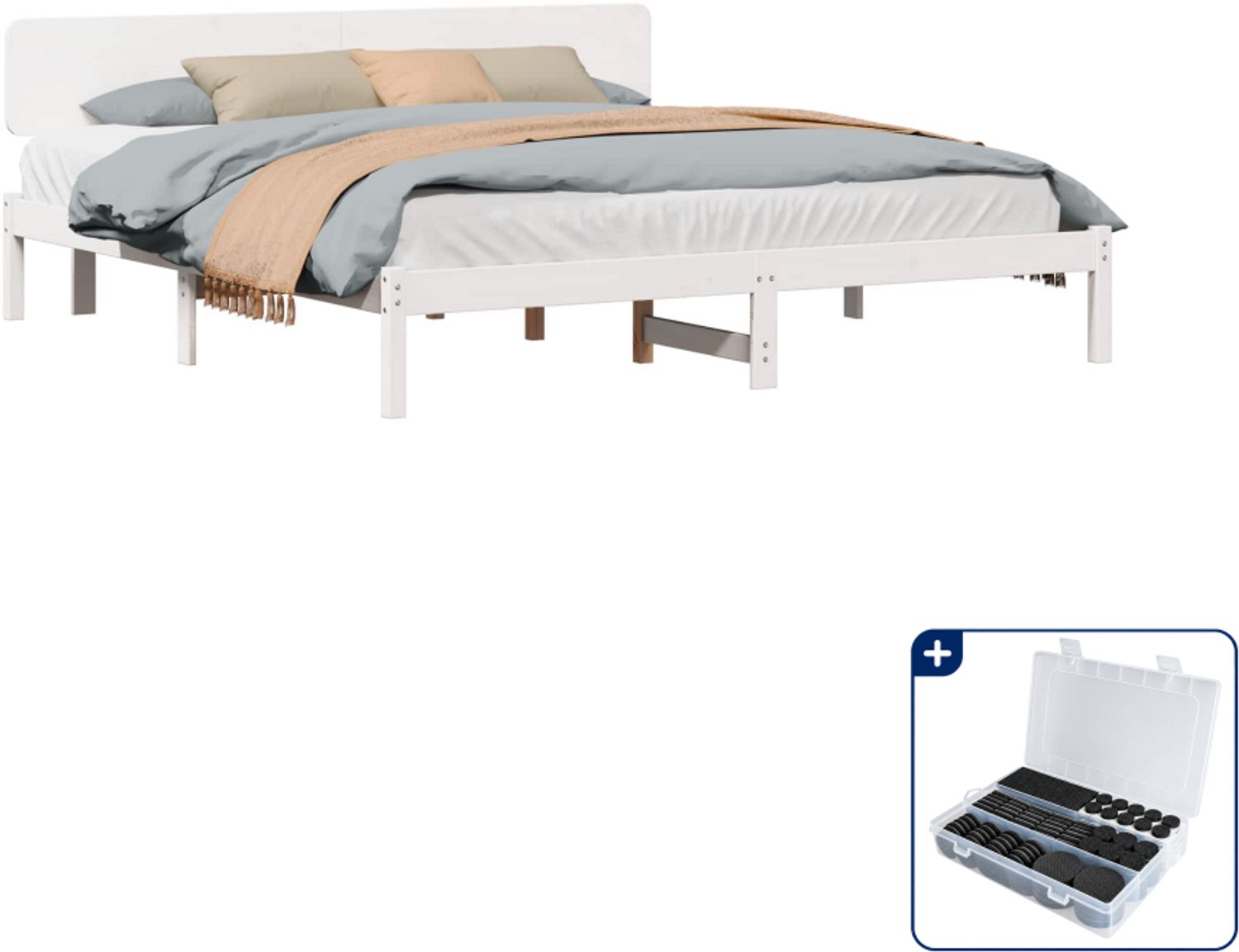 vidaXL Bedframe - Kingsize - 180 x 200 cm - massief grenenhout - wit - Inclusief antikrasvilt 177-delig