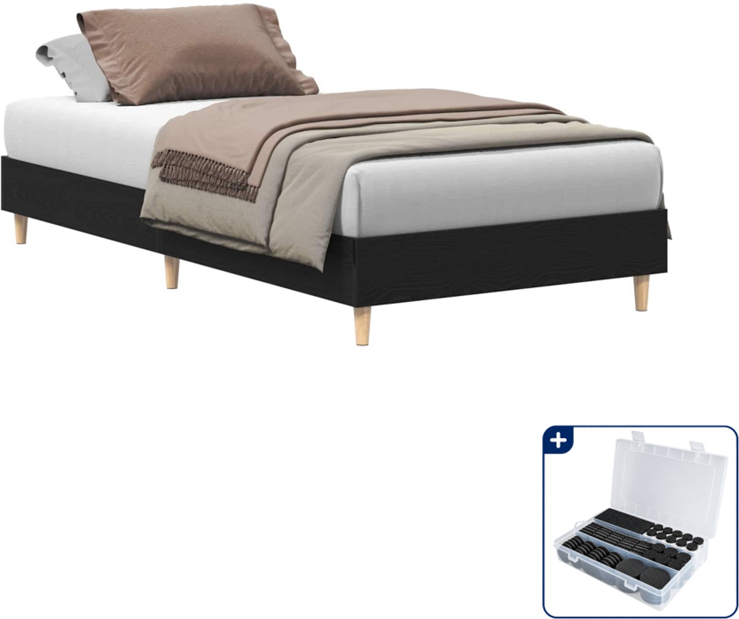 vidaXL bedframe - 70 x 190 cm - zwart eiken - Inclusief antikrasvilt 177-delig