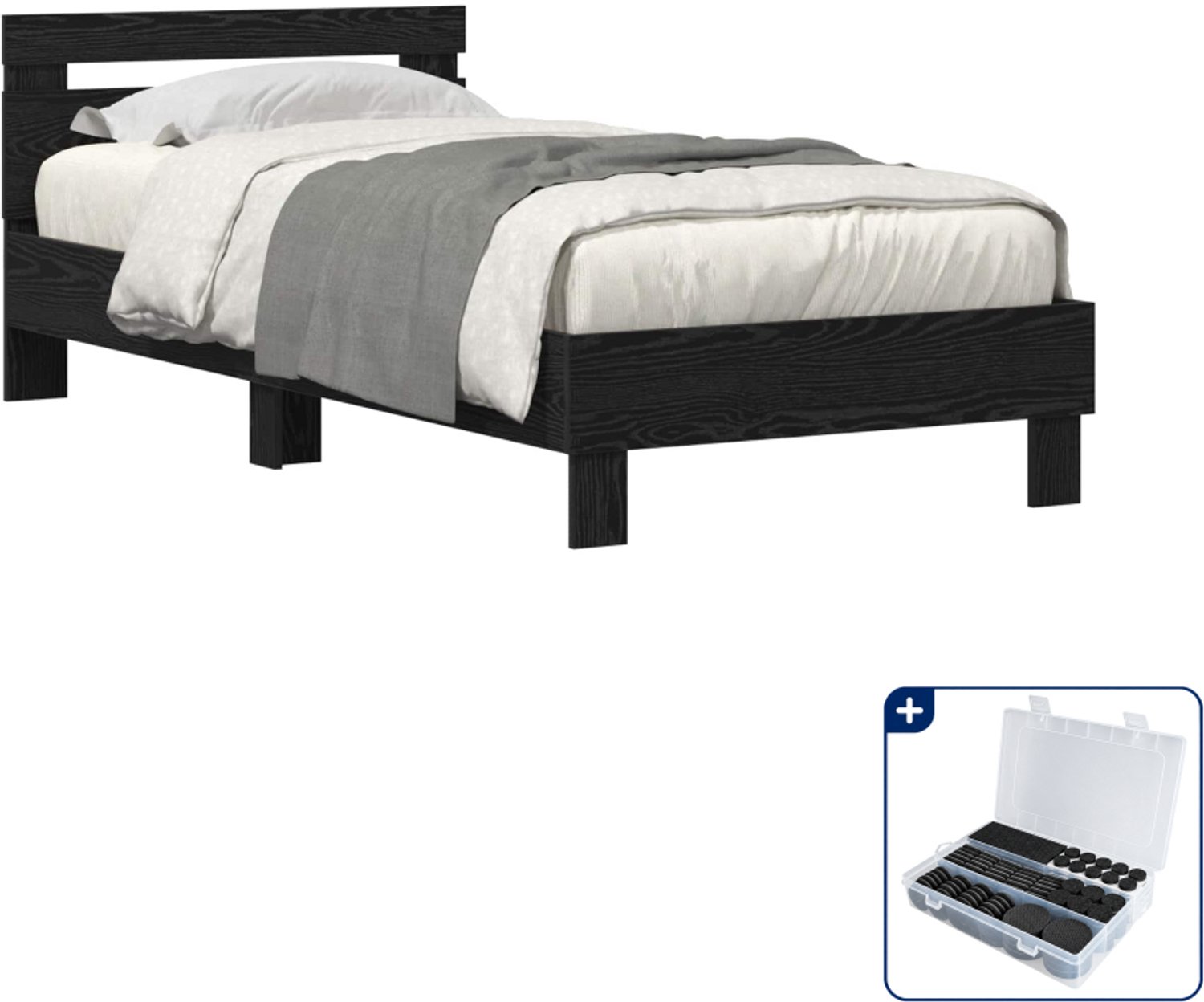 vidaXL bedframe - 75 x 190 cm - bewerkt hout - zwart eiken - Inclusief antikrasvilt 177-delig
