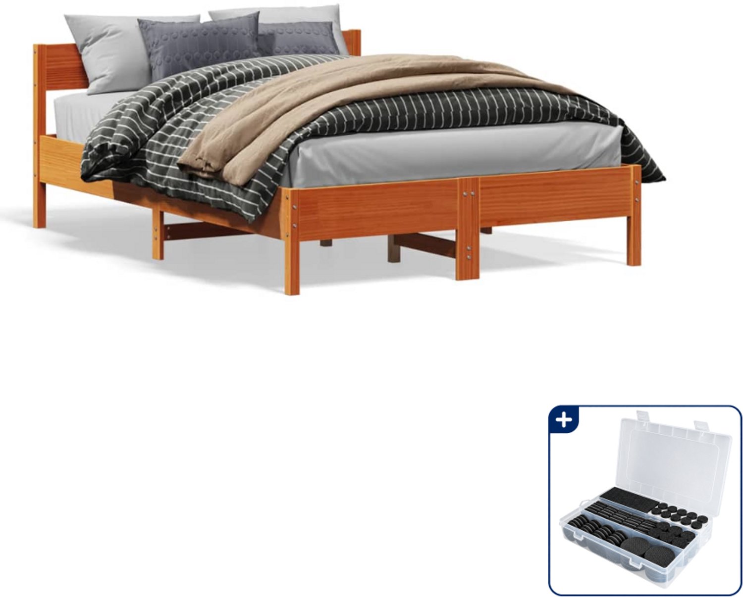vidaXL bedframe 135 x 190 cm - massief grenenhout - wasbruin - Inclusief antikrasvilt 177-delig