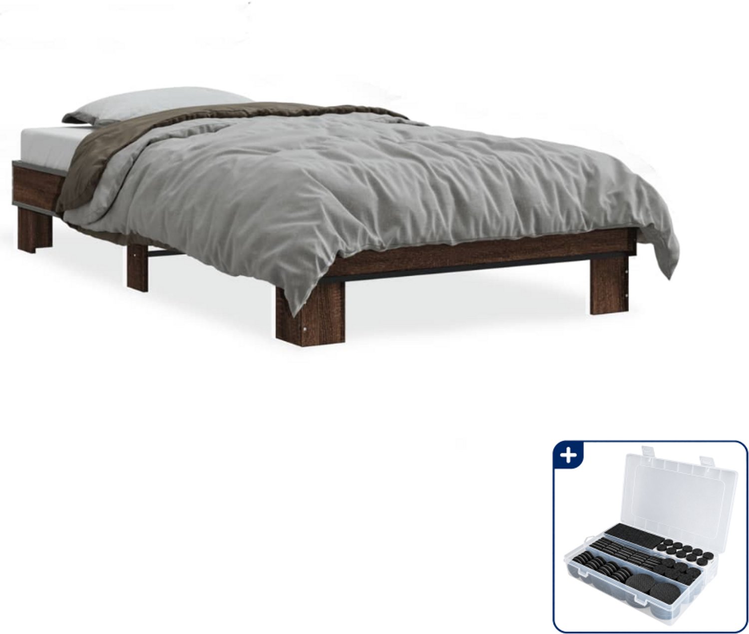 vidaXL bedframe - 100 x 200 cm - bewerkt hout en metaal - bruineiken - Inclusief antikrasvilt 177-delig