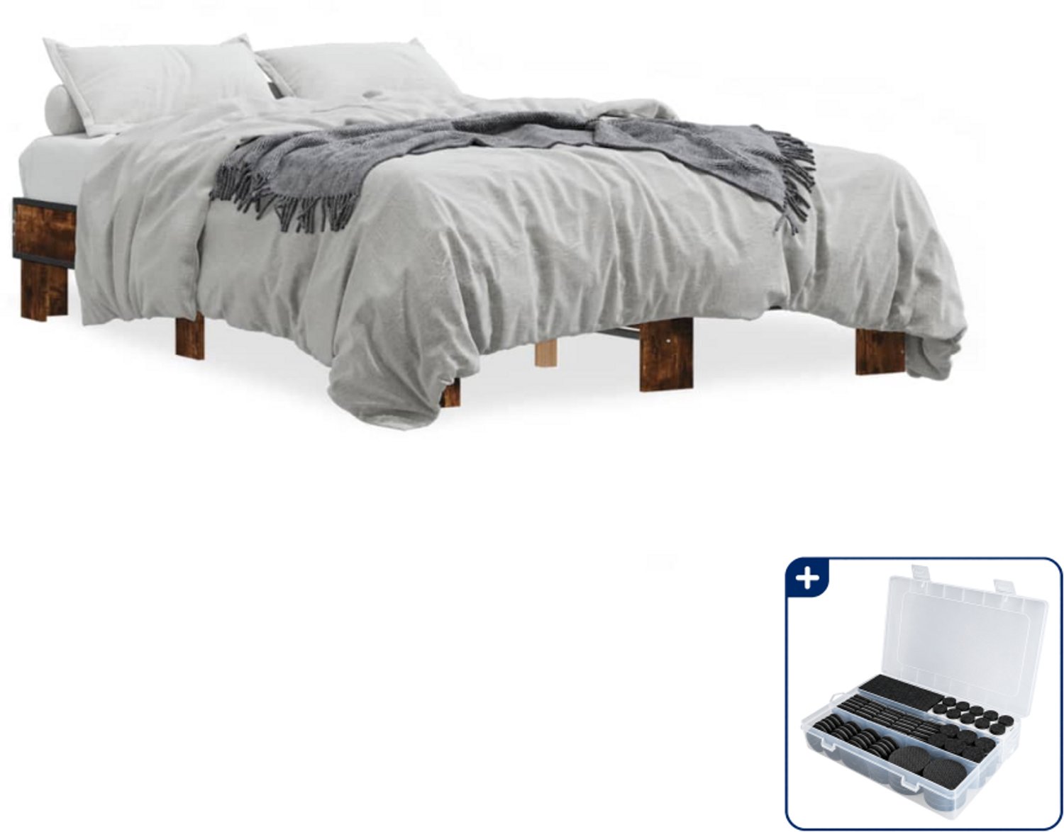 vidaXL bedframe - 120 x 200 cm - bewerkt hout en metaal - gerookt eiken - Inclusief antikrasvilt 177-delig Bruin