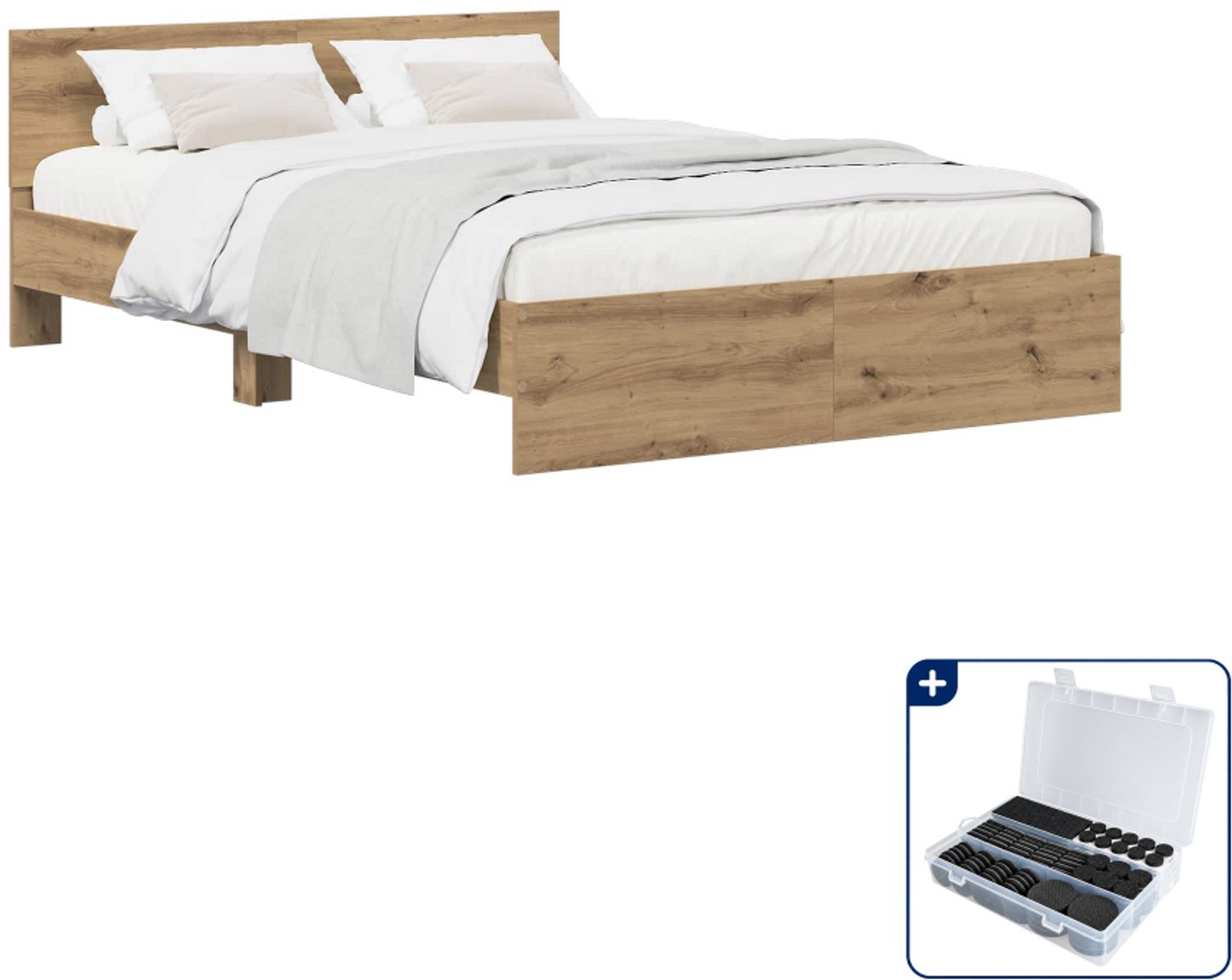 vidaXL bedframe met hoofdbord - 140 x 190 cm - artisanaal eiken - Inclusief antikrasvilt 177-delig Bruin