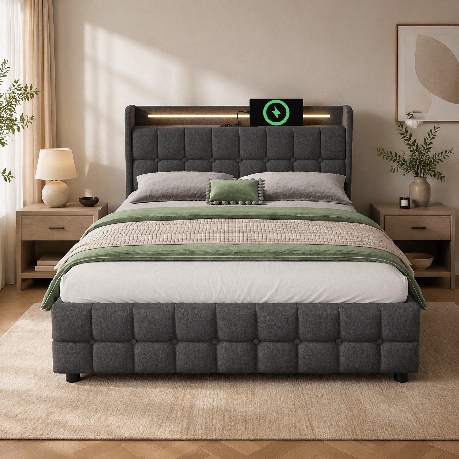 Maisentiel Tweepersoonsbed 180x200 cm - grijs - 4 opberglades, LED-verlichting en USB