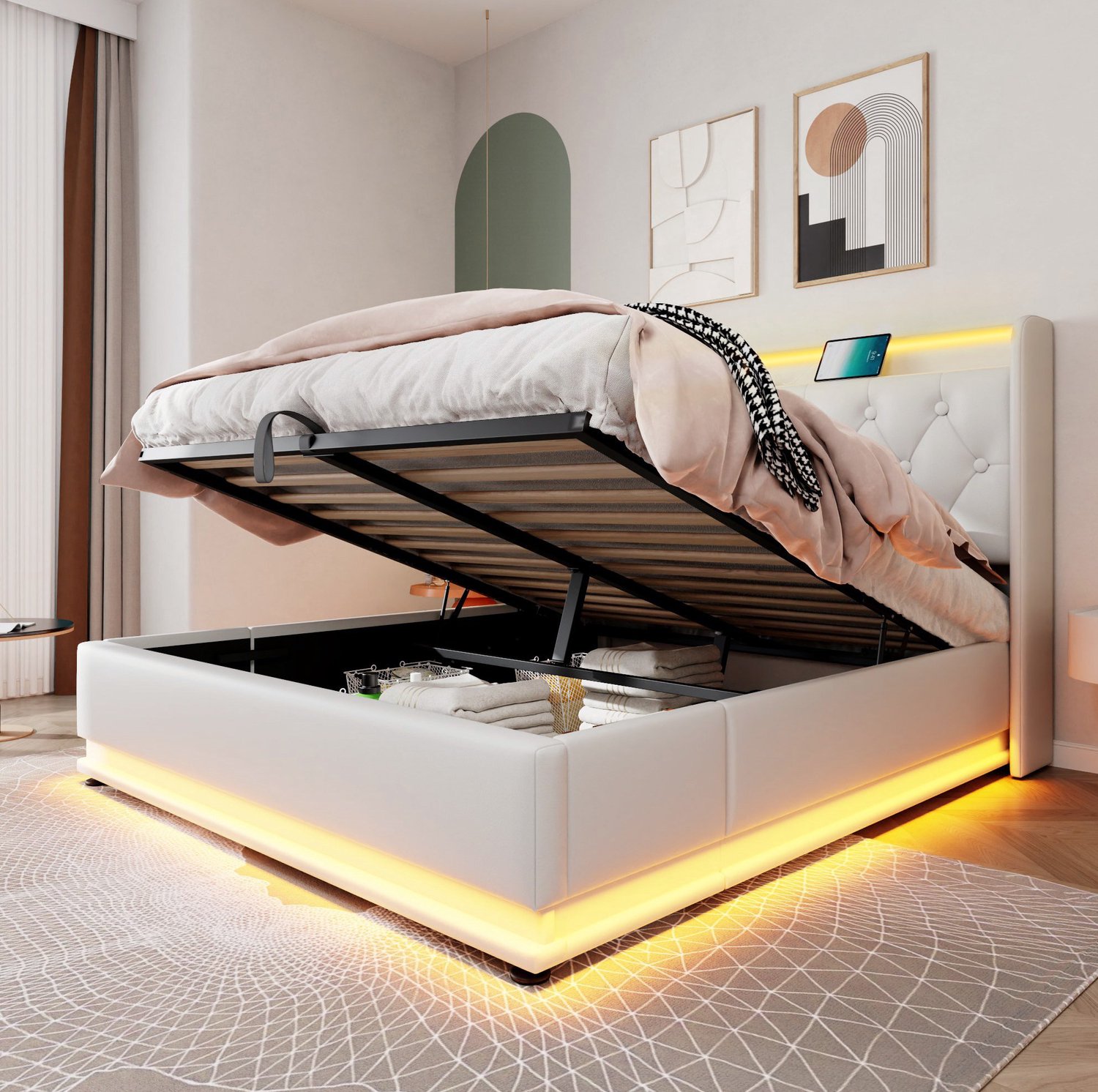 Maisentiel Tweepersoonsbed 160 x 200 cm wit kunstleer met opbergruimte, led en lattenbodem