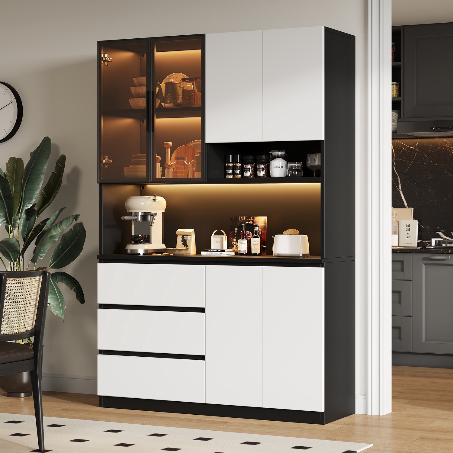 Merax Keukenkast 120,5x40x180 cm - keukenvitrine met LED-verlichting - voorzien van lades en planken - inclusief magnetron Wit