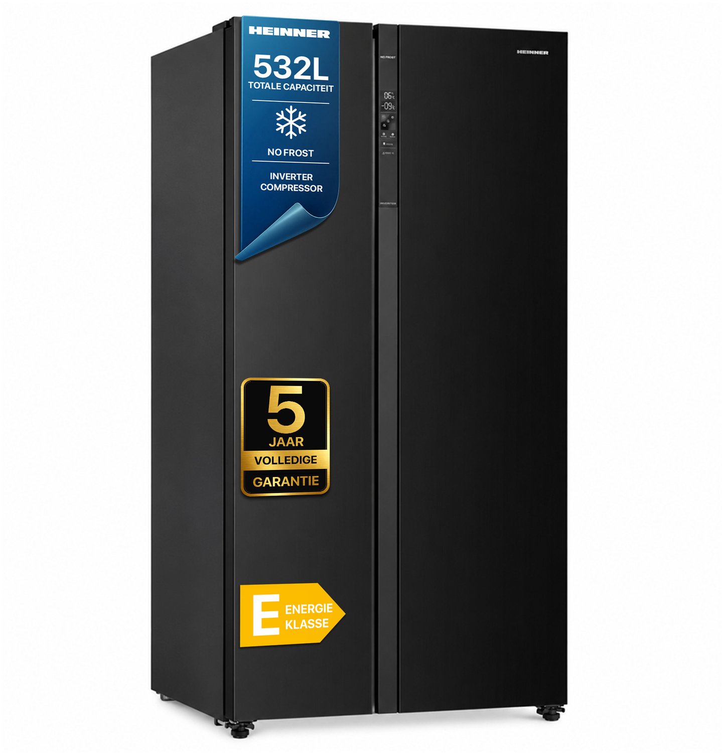 Heinner HSBS-HM532NFBKE++ Amerikaanse Side-by-Side Koelkast – 532 L – Full No Frost – LED Touch Display – Smart Eco Functie – Super Vriezen – Zwart – 5 Jaar Garantie