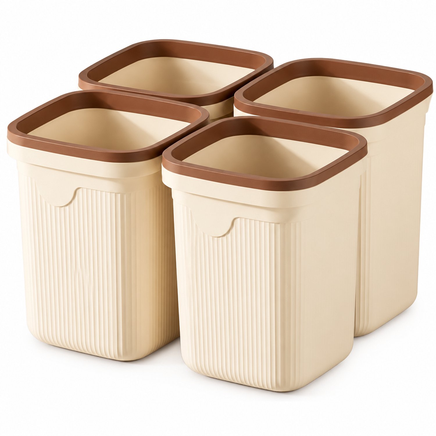 Prullenbakken crème, set van 4, elk 15 liter - Open bovenzijde, vierkante vorm met afgeronde hoeken en bruine bovenrand