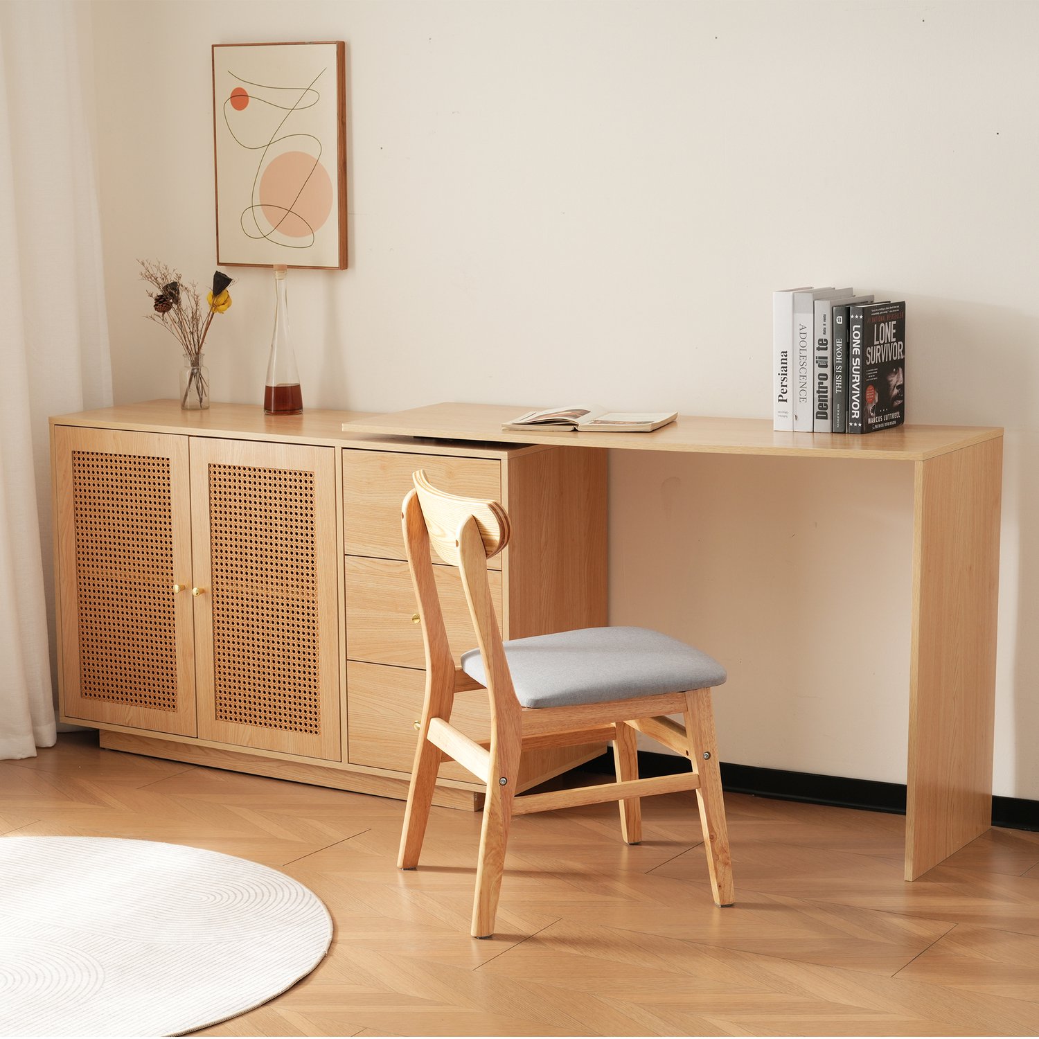 VVBV Hoekbureau 126x40x75 cm – Opbergruimte, Rotan, Rotan Deuren – voor Kantoor – MDF – Naturel hout