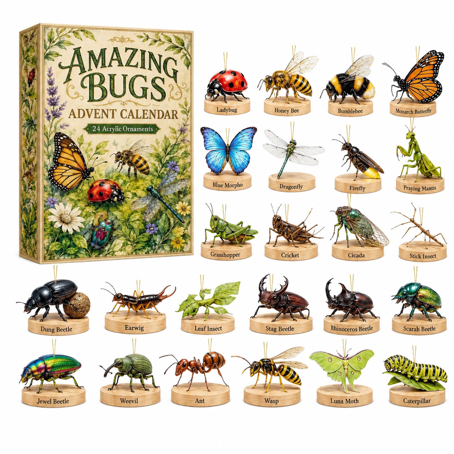 SWGOTA Adventskalender met 24 insectenornamenten, vlinder- en rupsthema, genummerde vakjes, verpakking 26 x 18 x 3 cm Blauw