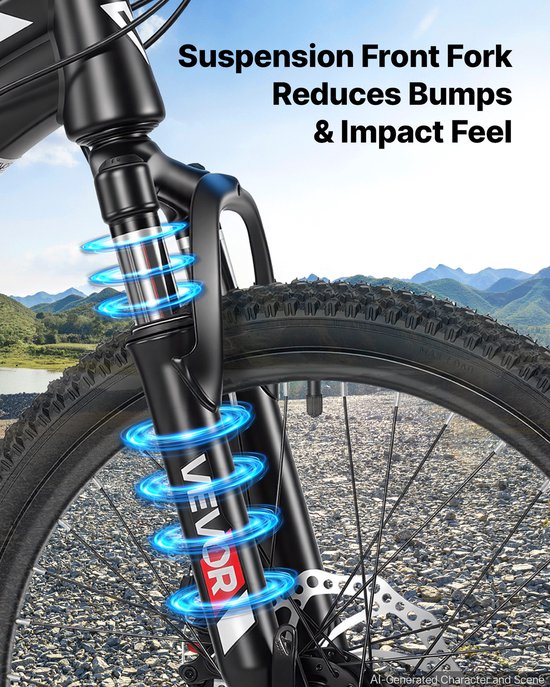 VEVOR Mountainbike 20 inch 21 Versnellingen Carbonstaal Zwart voor Recreatief Fietsen en Lichte Offroad-Tochten, 80 Kg Draagvermogen, Bel, Reflectoren en Lichtbevestiging voor Goede Zichtbaarheid — afbeelding 5