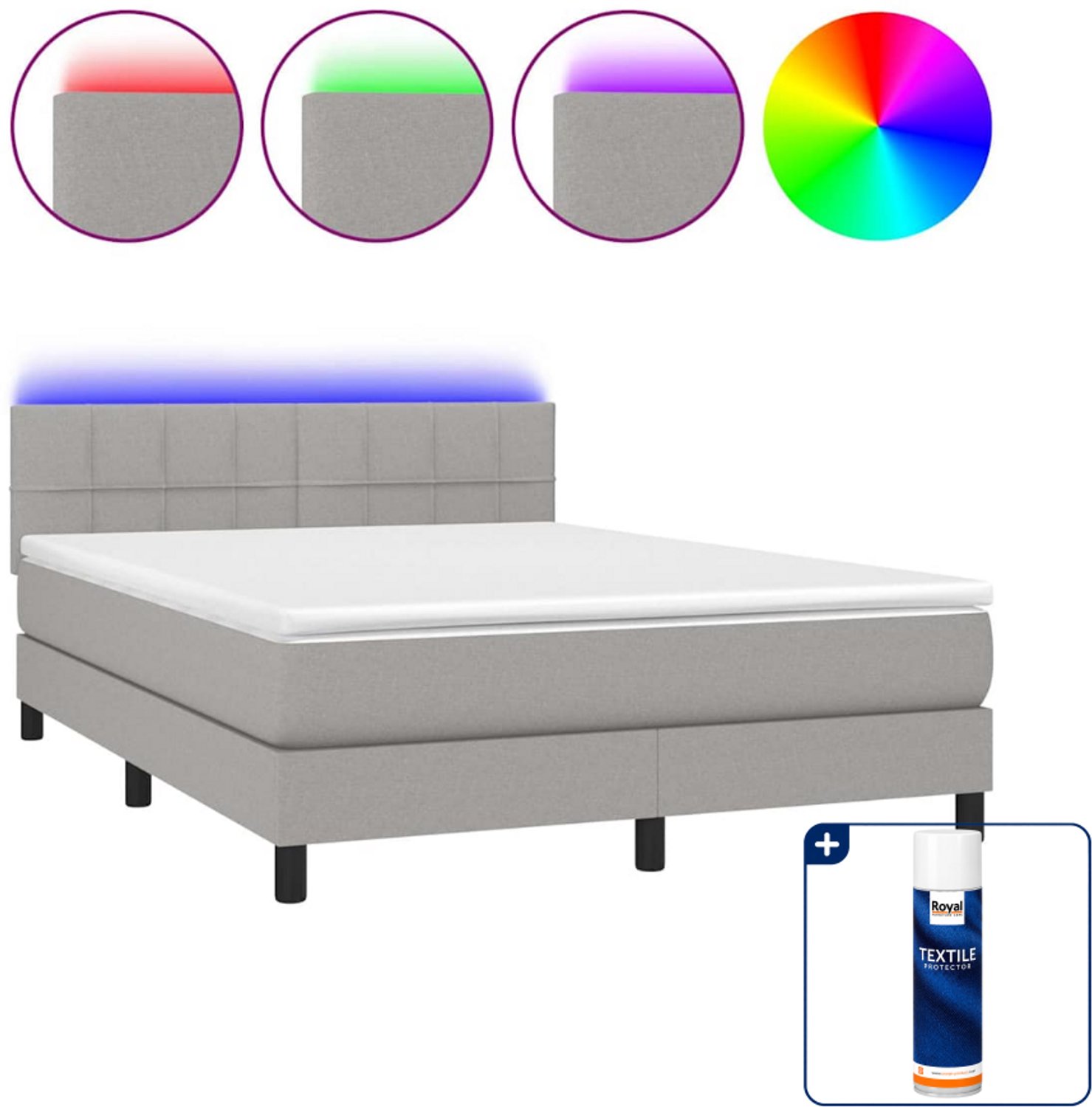 vidaXL boxspring met matras en led - 140 x 190 cm - lichtgrijs - Inclusief textielbeschermer 500 ml