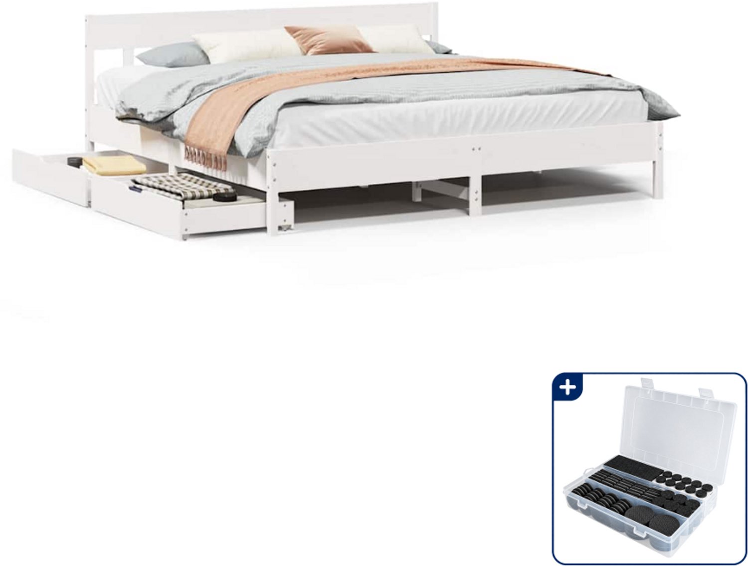 vidaXL bedframe - Kingsize - 180 x 200 cm - massief grenenhout - wit - Inclusief antikrasvilt 177-delig Bruin