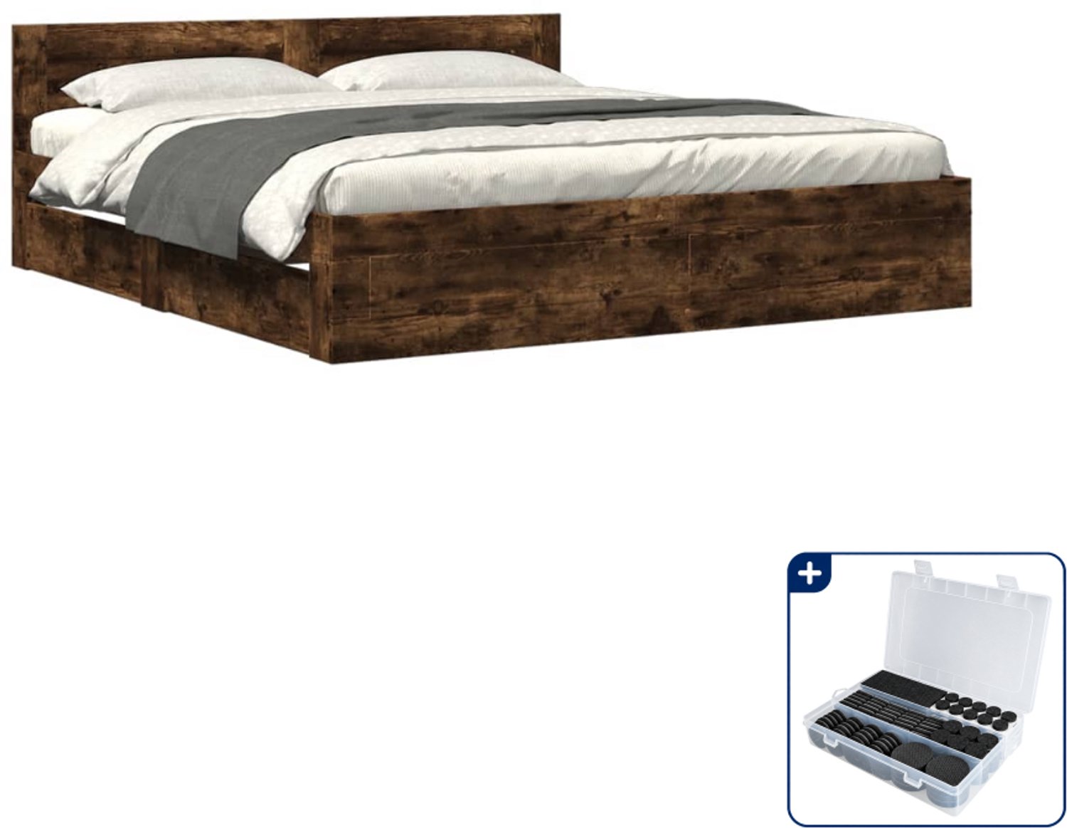 vidaXL bedframe 200 x 200 cm - bewerkt hout - gerookt eiken - Inclusief antikrasvilt 177-delig Wit
