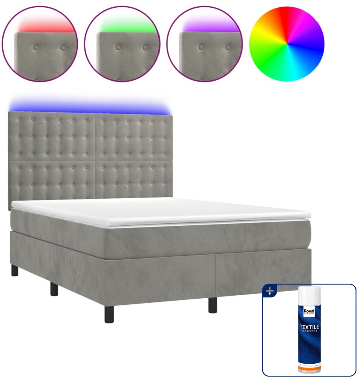 vidaXL boxspring met matras en led - small double - lichtgrijs - Inclusief textielbeschermer 500 ml