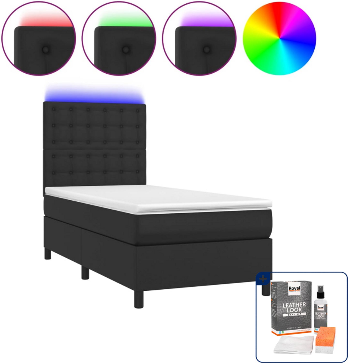 vidaXL boxspring met matras en led - 90 x 190 cm - zwart - Inclusief onderhoudsset voor kunstleer 150 ml