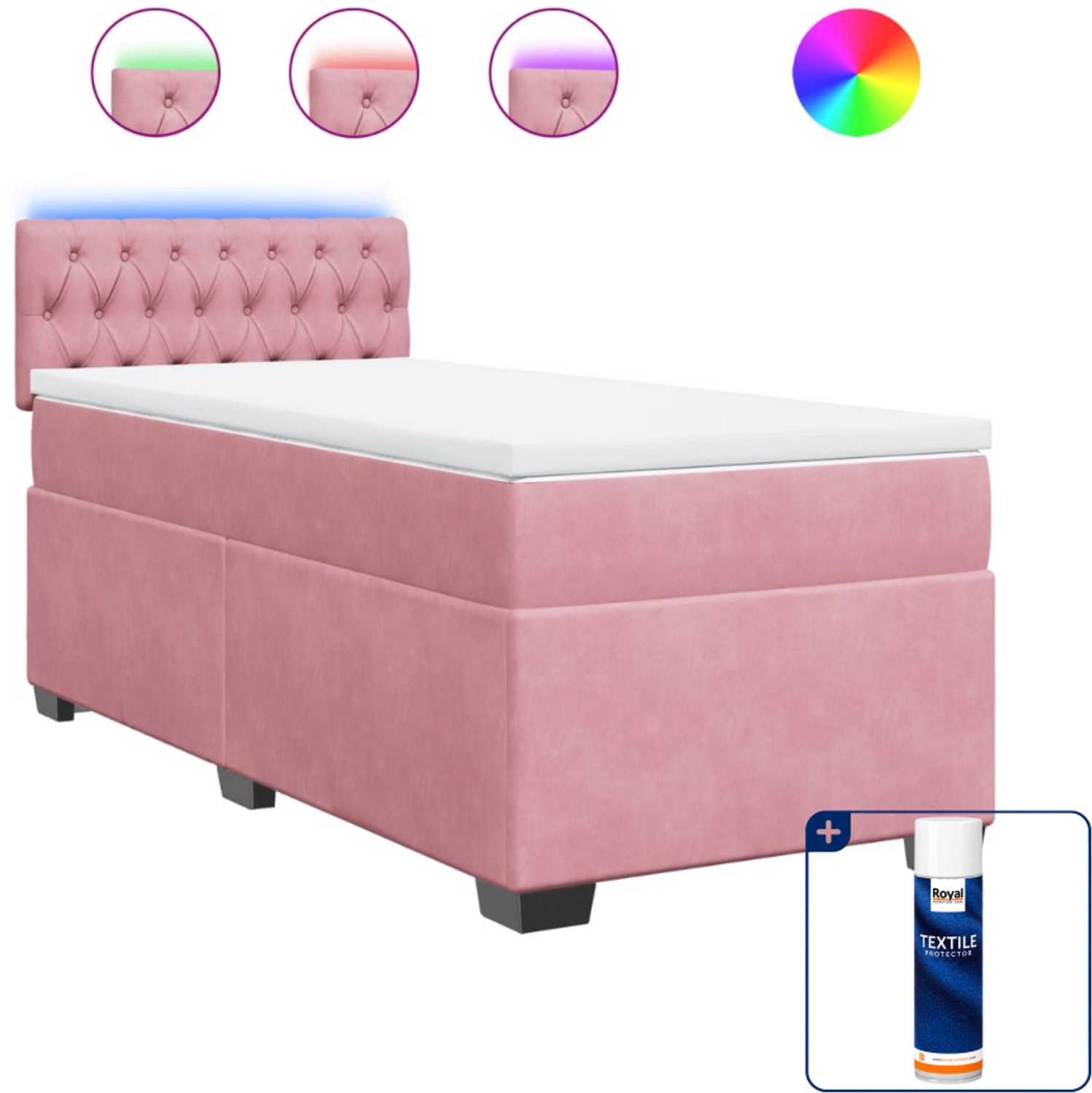 vidaXL boxspring met matras en led - 90 x 200 cm - roze - fluweel - Inclusief textielbeschermer 500 ml