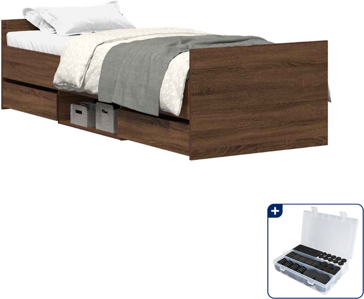 vidaXL bedframe 75 x 190 cm - bewerkt hout - bruineiken - Inclusief antikrasvilt 177-delig