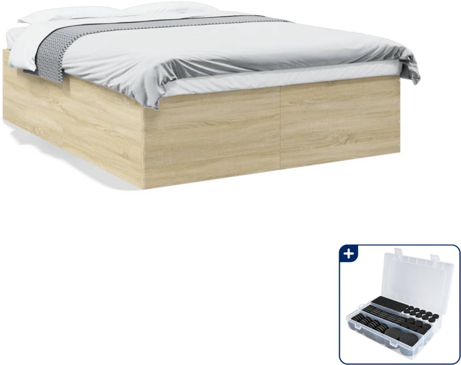 vidaXL Queensize bedframe 160 x 200 cm - bewerkt hout - sonoma eiken - Inclusief antikrasvilt 177-delig Bruin