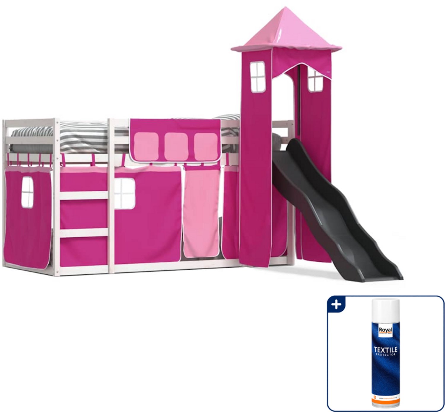 vidaXL stapelbed met glijbaan en gordijnen - 90 x 200 cm - wit - Inclusief textielbeschermer 500 ml Grijs