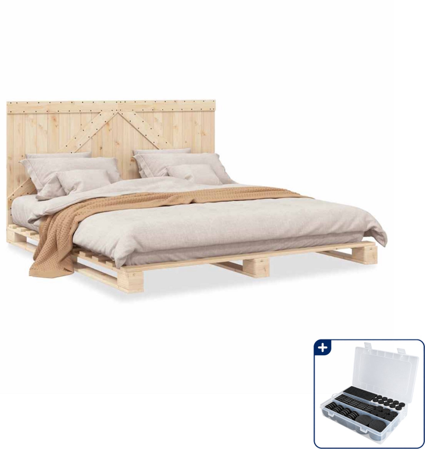 vidaXL Bedframe met hoofdbord - 200 x 200 cm - massief grenenhout - Inclusief antikrasvilt 177-delig Bruin