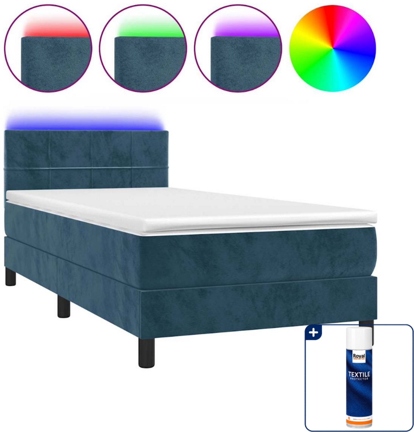 vidaXL boxspring met matras en led - 80 x 200 cm - fluweel - donkerblauw - Inclusief textielbeschermer 500 ml