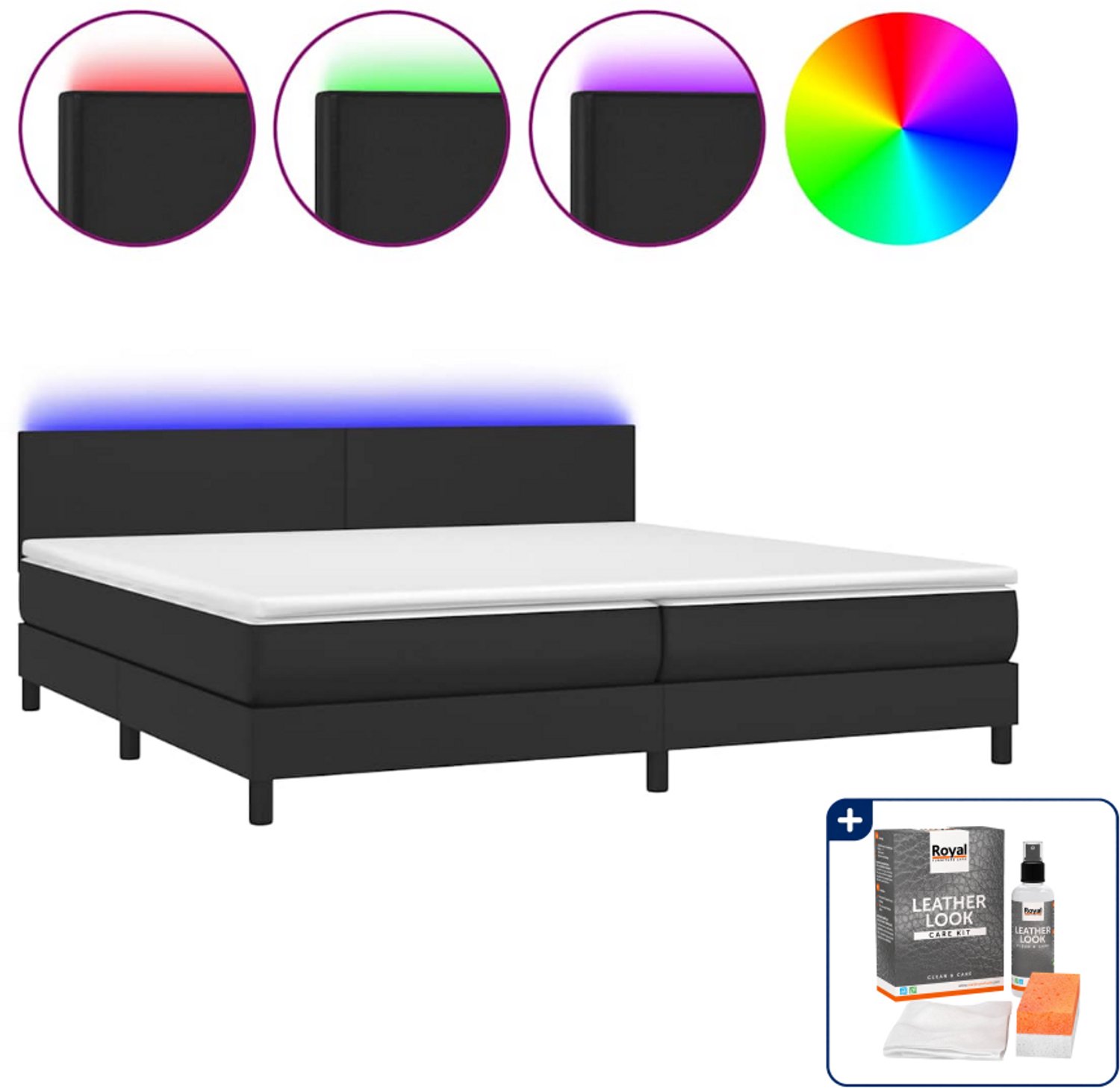 vidaXL boxspring met matras en LED - Super kingsize - 200 x 200 cm - zwart - Inclusief onderhoudsset voor kunstleer 150 ml