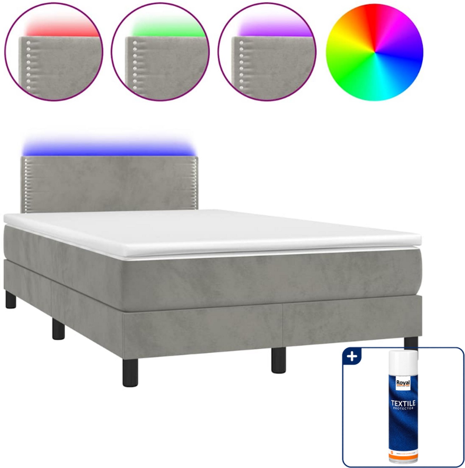 vidaXL boxspring met matras en led - 120 x 200 cm - fluweel - lichtgrijs - Inclusief textielbeschermer 500 ml
