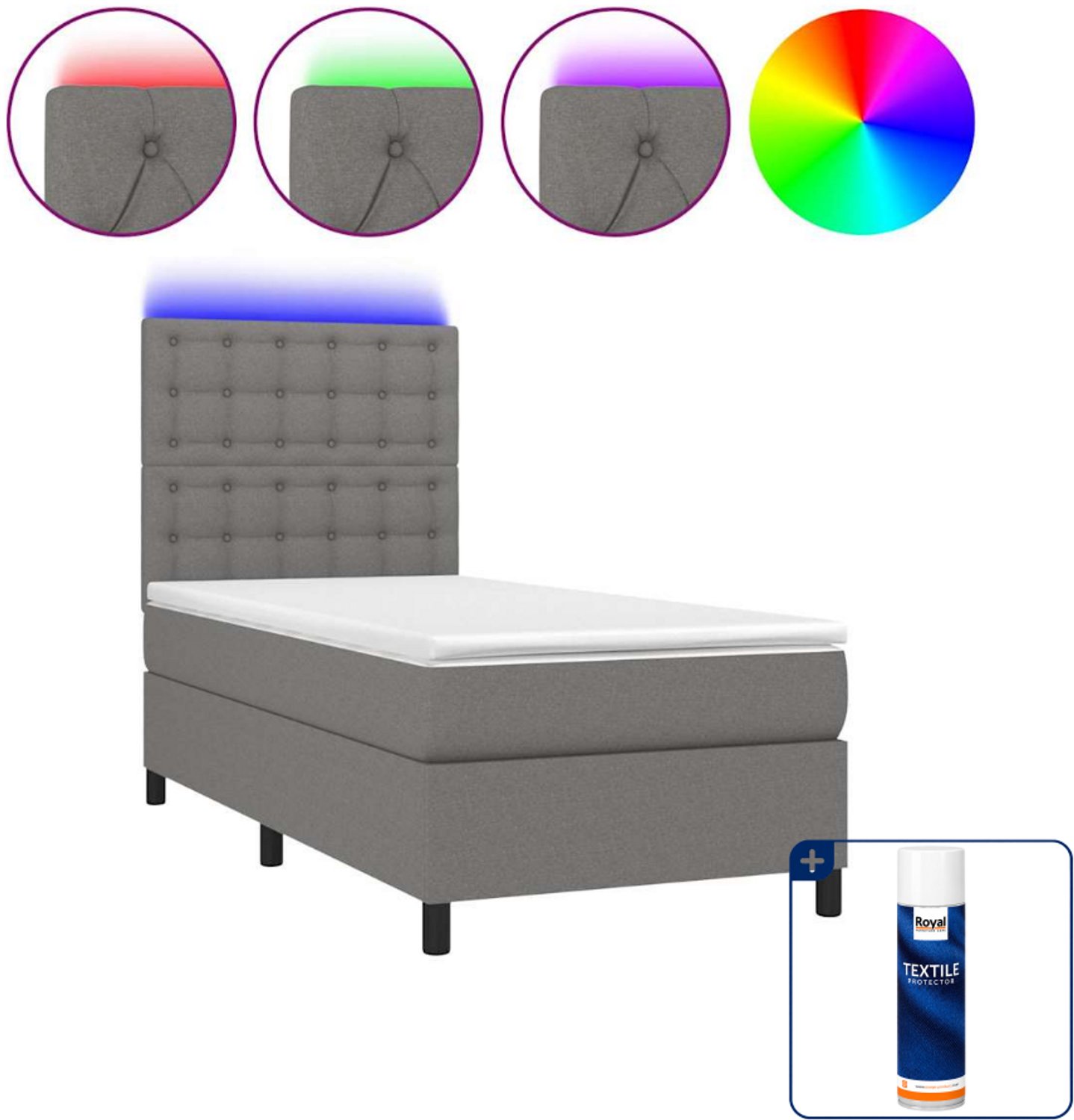 vidaXL boxspring met matras en led - 80 x 200 cm - donkergrijs - Inclusief textielbeschermer 500 ml