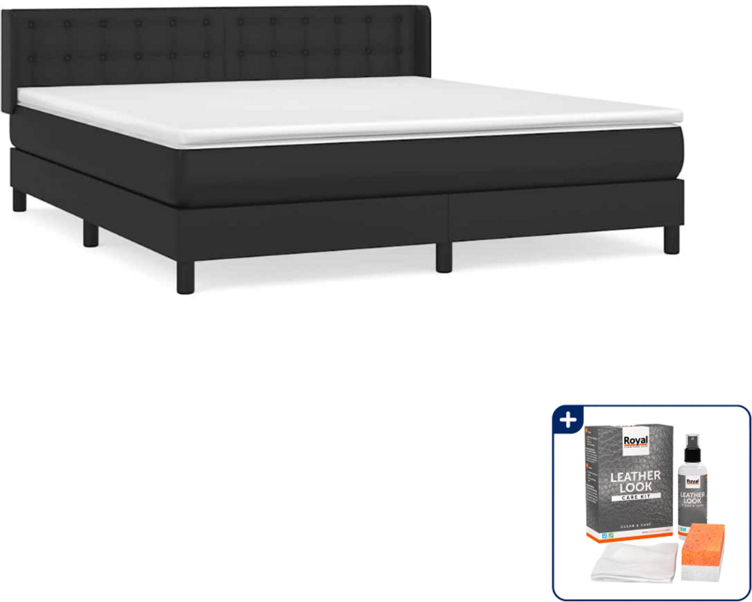 vidaXL boxspring met matras - Queensize - 160 x 200 cm - zwart - Inclusief onderhoudsset voor kunstleer 150 ml