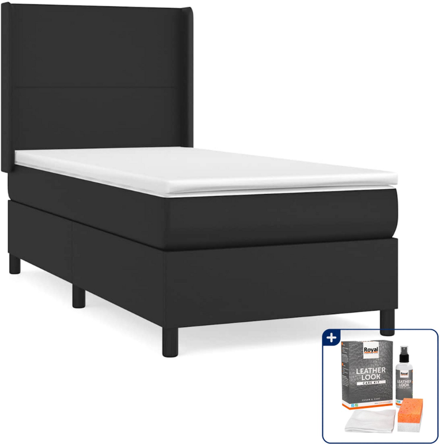 vidaXL boxspring met matras - 90 x 200 cm - kunstleer - zwart - Inclusief onderhoudsset voor kunstleer 150 ml